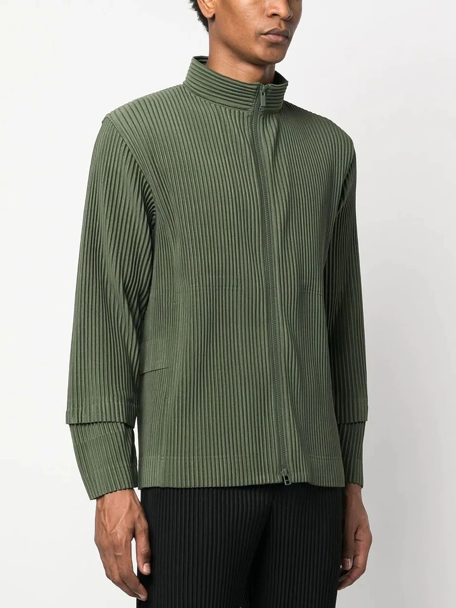 

MI TEMPIO Men's Casual Pleated Jackets with Stand Collar and Special Sleeve Design for Men Zipper Windbreak in Man Solid Clothes