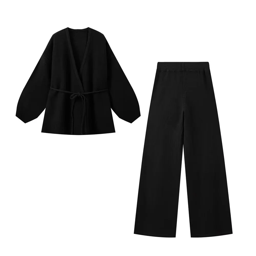 PB&ZA2024 autumn new women\'s clothing lazy style knitted cardigan jacket wide leg pants two-piece set