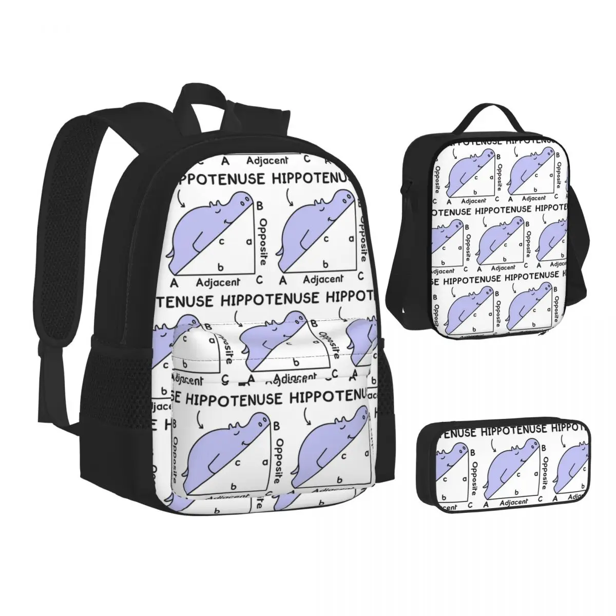 

Hippotenuse, Hypotenuse Math Pun Backpacks Students Bookbag School Bags Kids Rucksack Lunch Bag Pen Bag Three-Piece Set