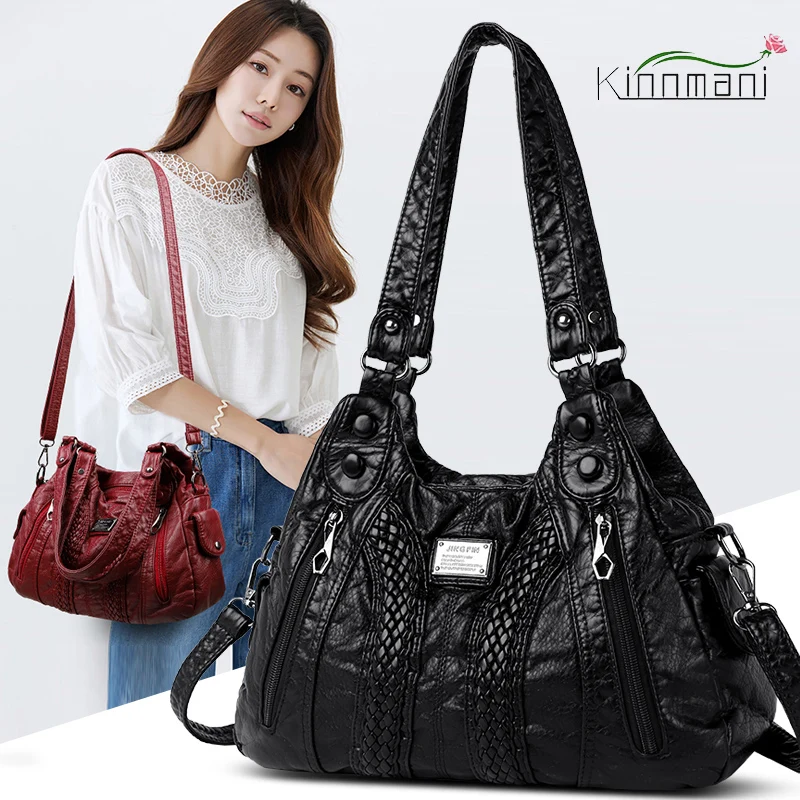 Pleated Soft Leather Bag Retro Women\'s Shoulder Bags Woven Button Design Women\'s Tote Bags Large Capacity Casual Messenger Bags