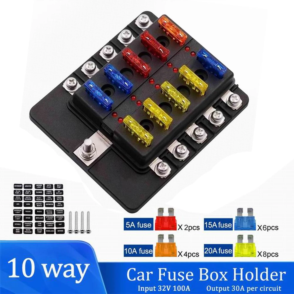 

Universal 10 Ways Car Blade HolderWith LED Indicator Light 12V 32V Screw Binding Post Fuse Fuse Box For Car Boat Marine