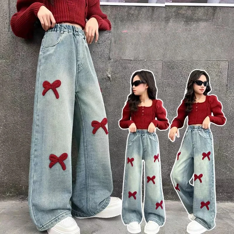 New Girls Denim Pants with Towel Embroidery Bow – Casual Straight Jeans for Big Kids, Trendy Everyday Bottoms