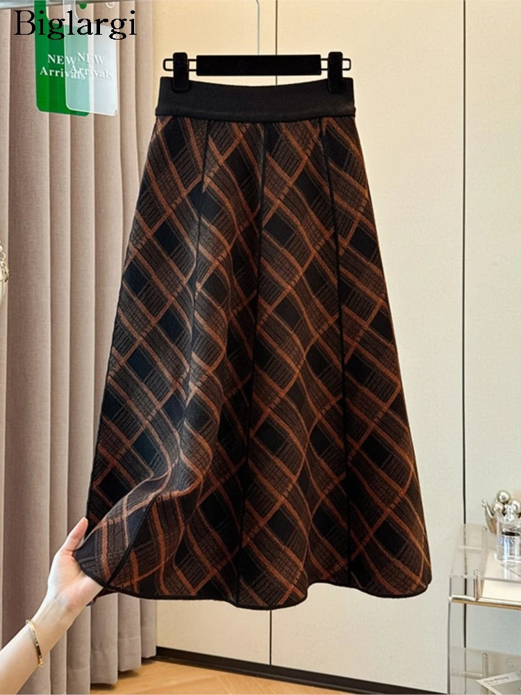 

Oversized Knitted Autumn Winter Skirt Women Plaid Print Fashion Ruffle Ladies Skirts Loose Casual Pleated Woman High Waist Skirt