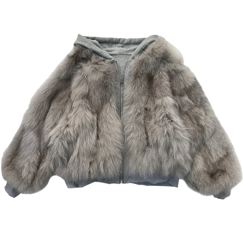 New Hooded Two-sided Fox Fur Hoodie Short Fur Coat Lady