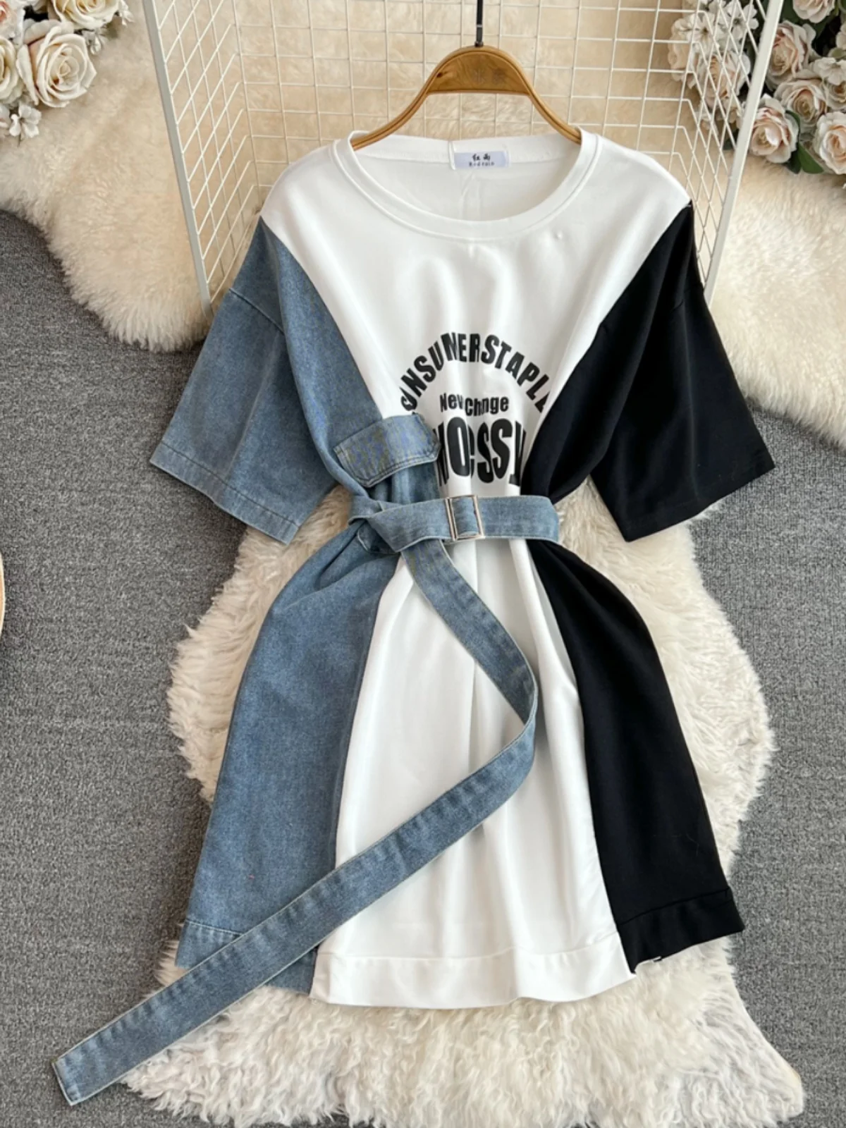 Denim Print Patchwork T-shirt Dress For Women's Summer 2024 New O-neck Fashion Lace Up A-line Short Sleeved High Street Dress