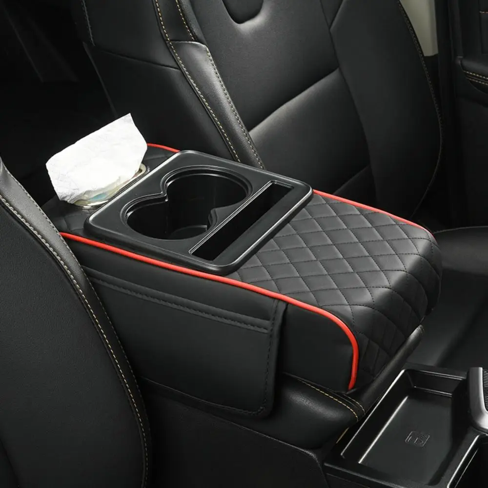 

PU Leather Car Center Console Armrest Cushion Multifunctional Armrest Pad with Cup Holder Tissue Box Portable Storage Box