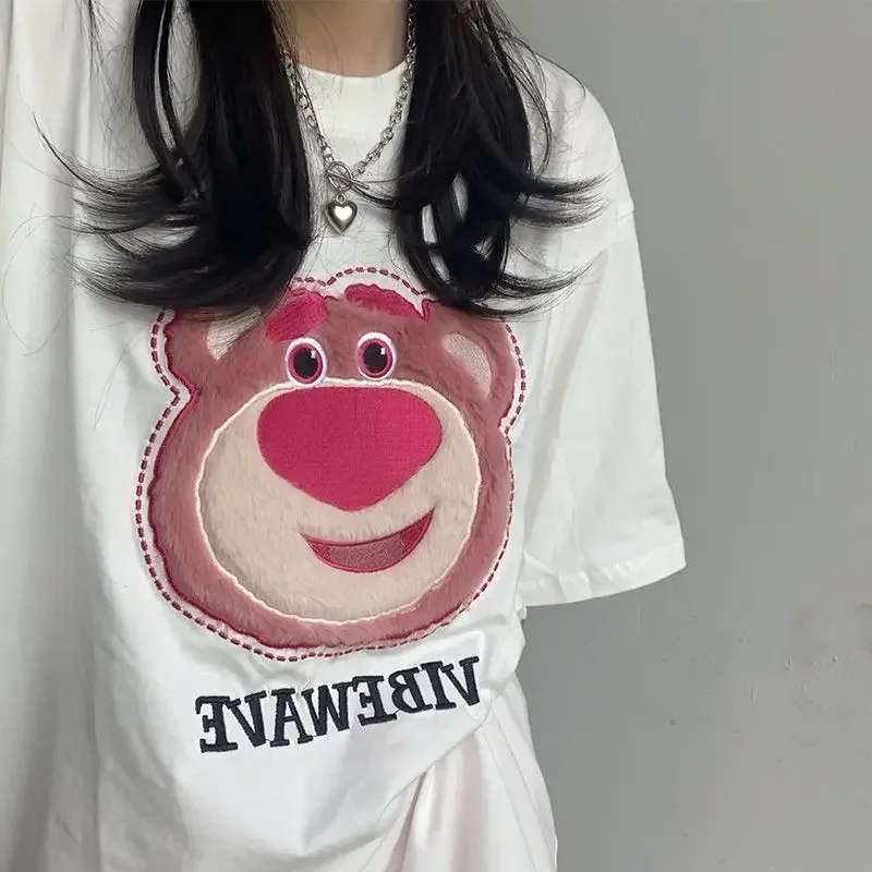 Miniso 2 szt. Niedźwiedź truskawkowy garnitury nadruk na ręczniku postać z kreskówki Lotso bawełniane t-shirty odporne na ekspozycję krótkie kuloty modne ciuchy