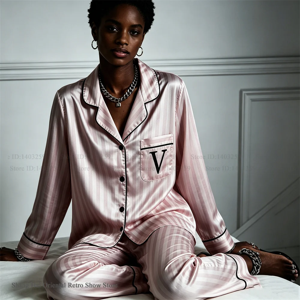 

Pink Striped Embroidery Pajamas Set Female Long Sleeve Pijamas Trouser Suit Fashion Ice Silk Sleepwear Loungewear Loose Homewear