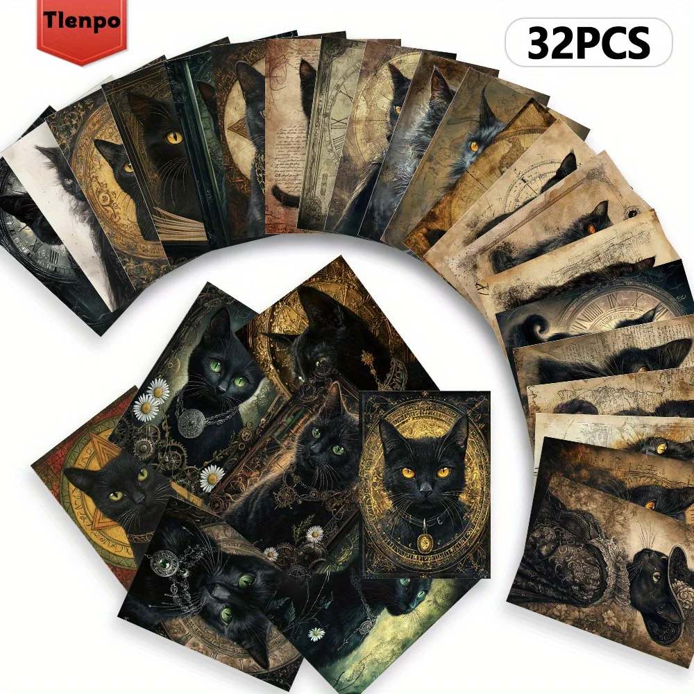 32-postais-goticos-de-gato-preto-com-design-requintado-de-relogio-e-mapa-adequados-para-decorar-e-coletar-como-presentes-artisticos-em-tendas