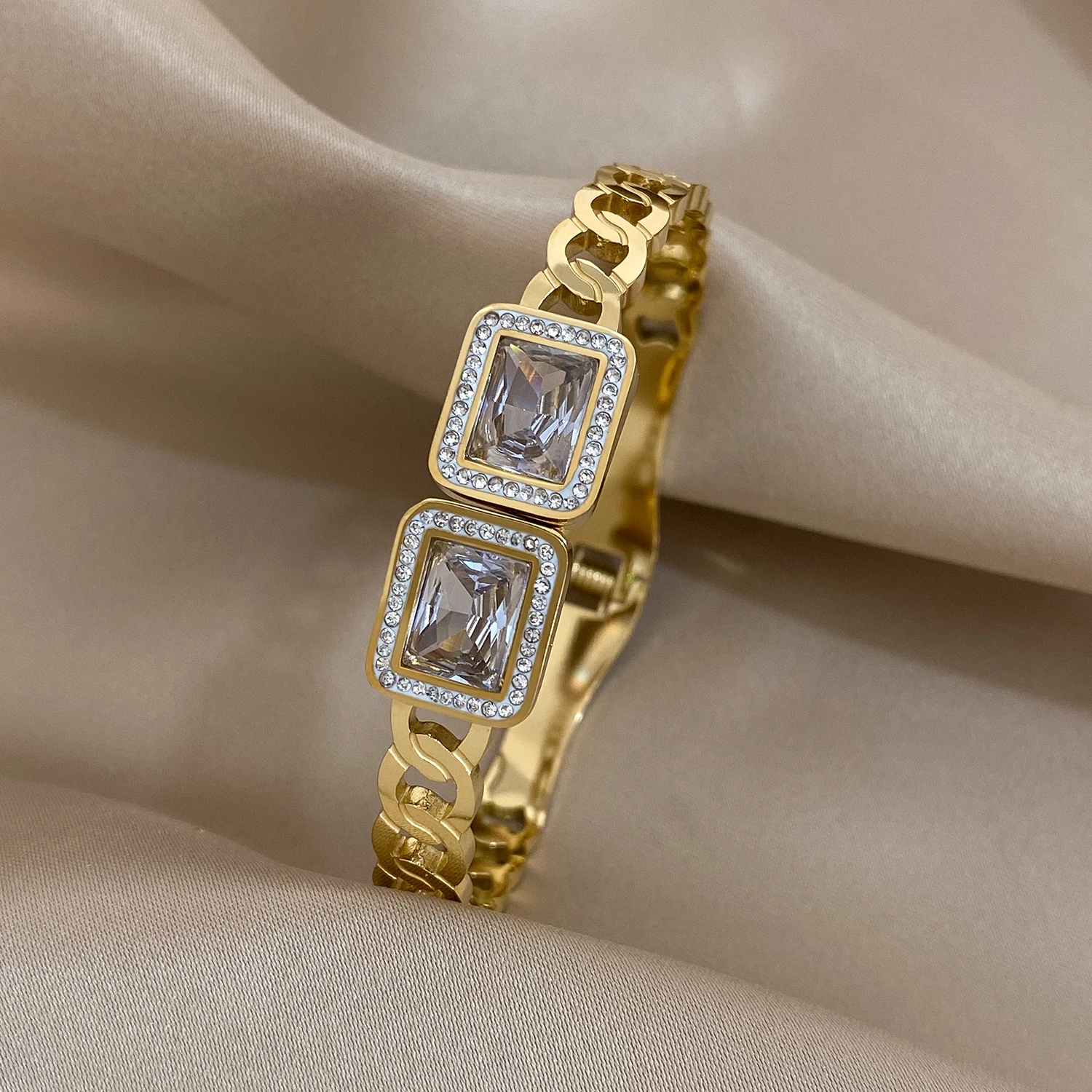 Flashbuy New Design Cubic Zircon Stainless Steel Bangles Bracelets for Women Geometric Gold Color Waterproof Fashion Jewelry