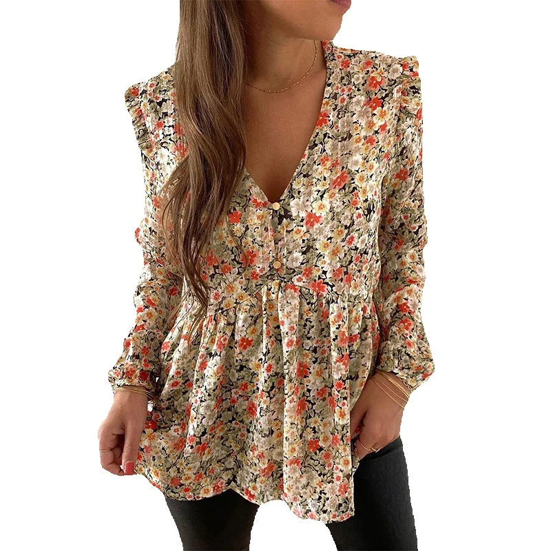 

Shi Ying Autumn Thin V-Neck High Waist Spliced Chiffon Shirt Women's 2023 Small Fresh Flower Print Pullover