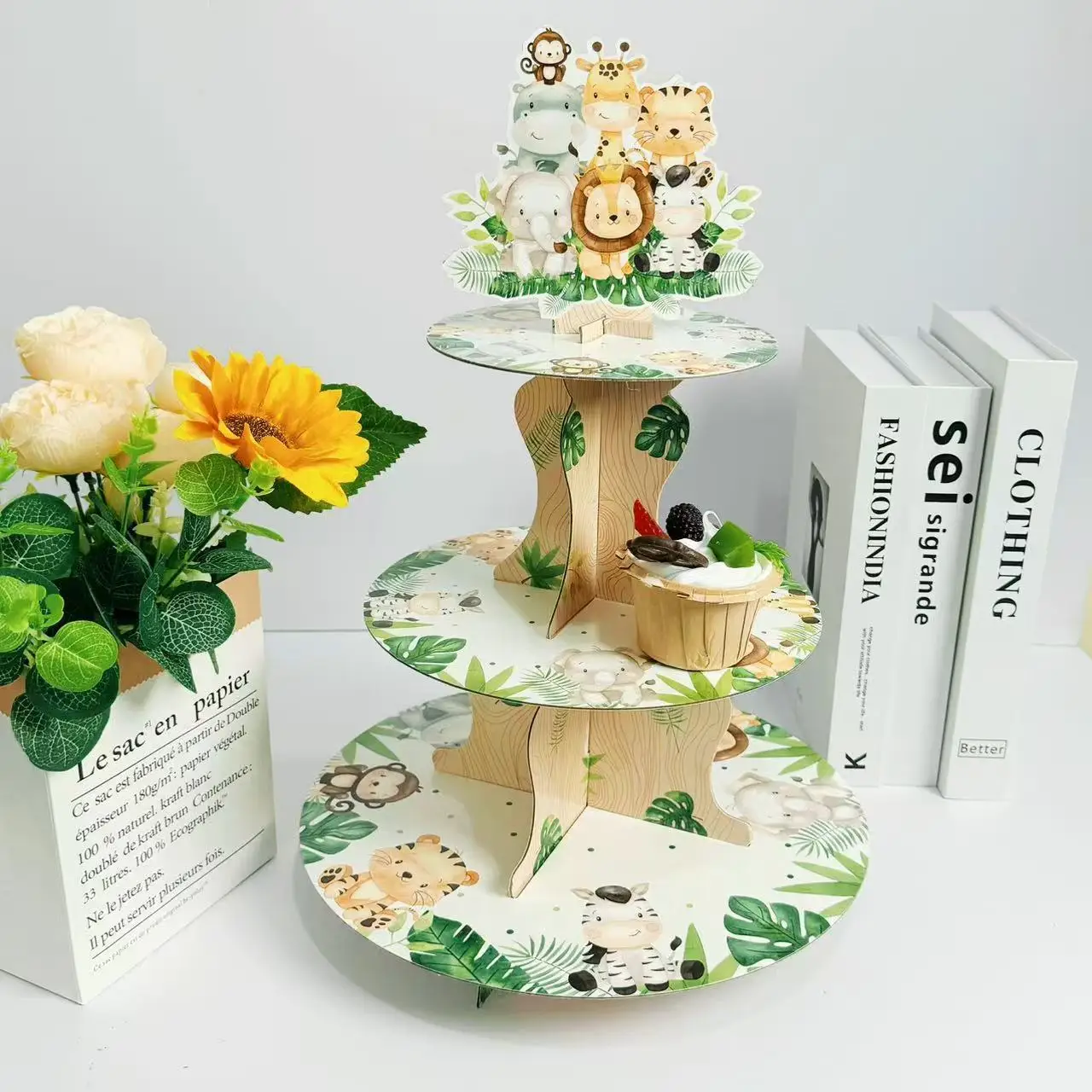 Soporte para magdalenas de Safari con animales de la selva de 3 niveles, soporte para magdalenas de cumpleaños para Baby Shower, suministros para fiestas salvajes