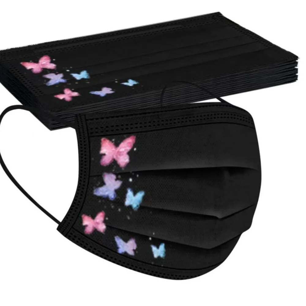 Mascarilla facial desechable con estampado de mariposas de colores, tela no tejida de tres capas, antipolvo, respetuosa con la piel, color negro, 10 Uds.