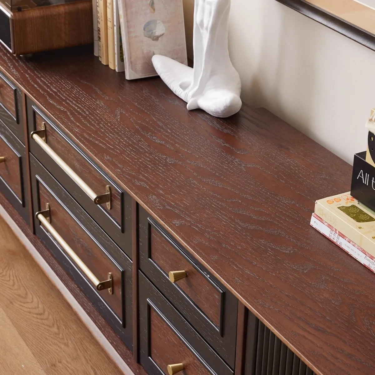 خزانة تلفزيون من الخشب الصلب الفرنسي، خزانة أرضية منزلية لغرفة المعيشة مع تخزين بأدراج، شقة صغيرة للتخزين الصوتي #4