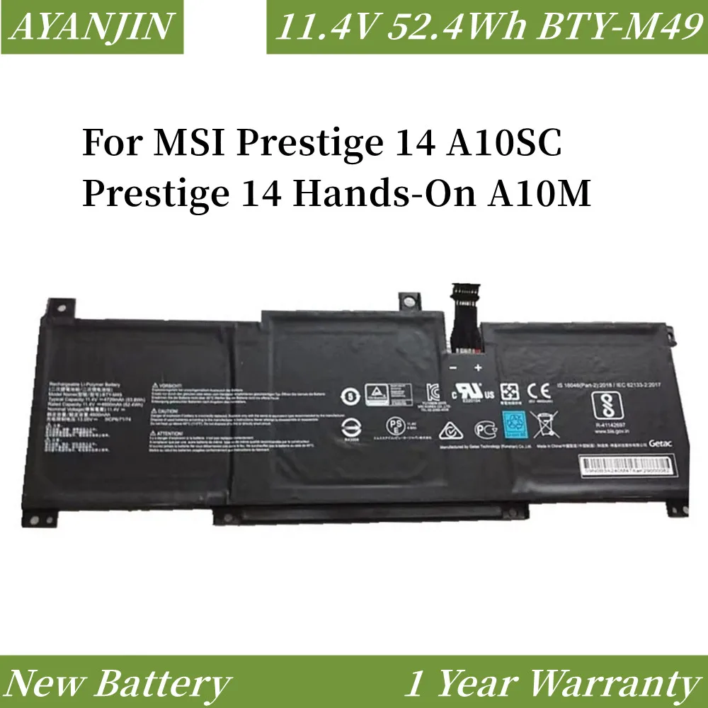 BTY-M49 11.4V 52.4Wh/4600mAh Laptop Battery For MSI Prestige 14 A10SC Prestige 14 Hands-On A10M