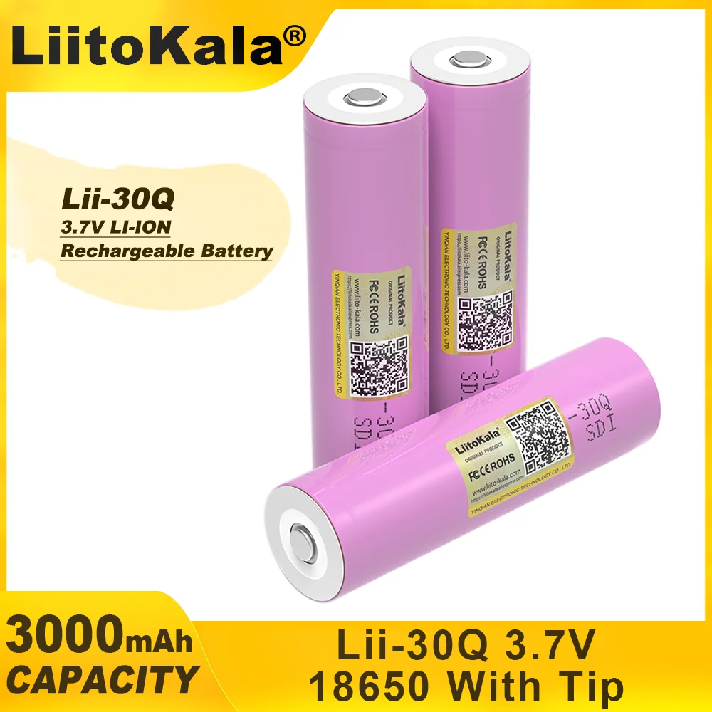 LiitoKala For New INR18650 30Q 18650 3000mAh lithium Rechargeable battery For High discharge Batteries+pointed