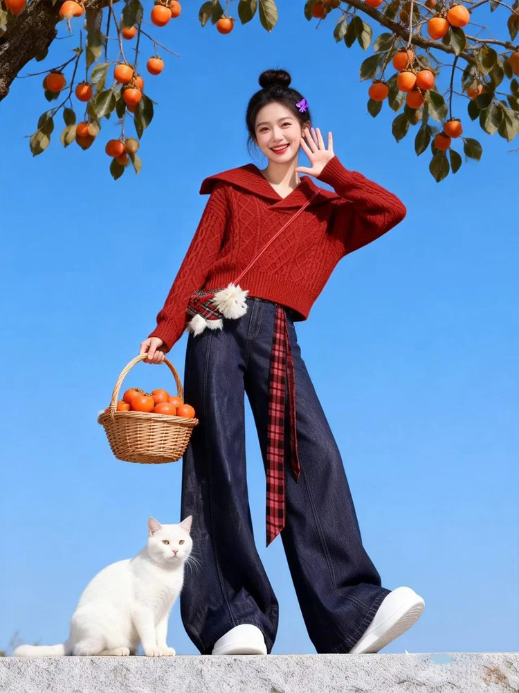 

Red Knitted Sweater High Waist Wide Leg Pants Set Women's Winter Faion Casual Sle Two Piece Suit New Year's Celebration