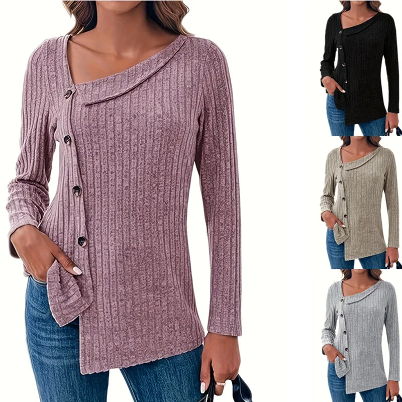 

Women's Knitted Pullover Long Sleeve Spring Autumn Square Collar Pit Stripe Frosted Solid Color Button Up T-shirt Female Sweater