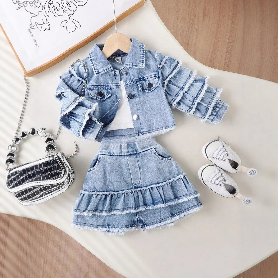 

Kid Girl Adorable Baby Dress Two Piece Set Fringed Long Sleeves Coat Children Casual Skirt Ruffled Denim Fashion Skirt Autumn