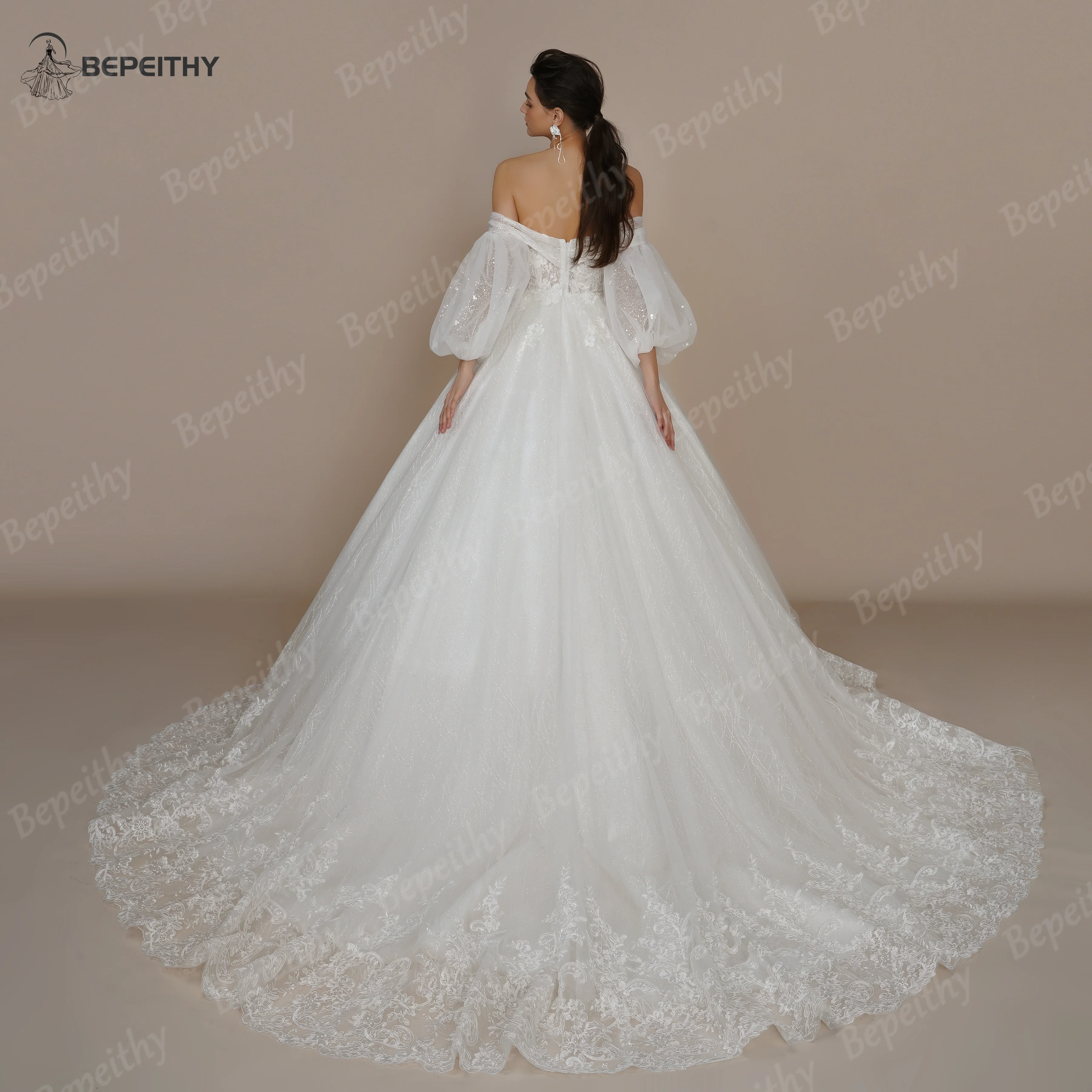 BEPEITHY Princess Vintage Ivory Wedding Dress For Women Strapless Court Train Detachable Sleeves White Glittle Bridal Ball Gown