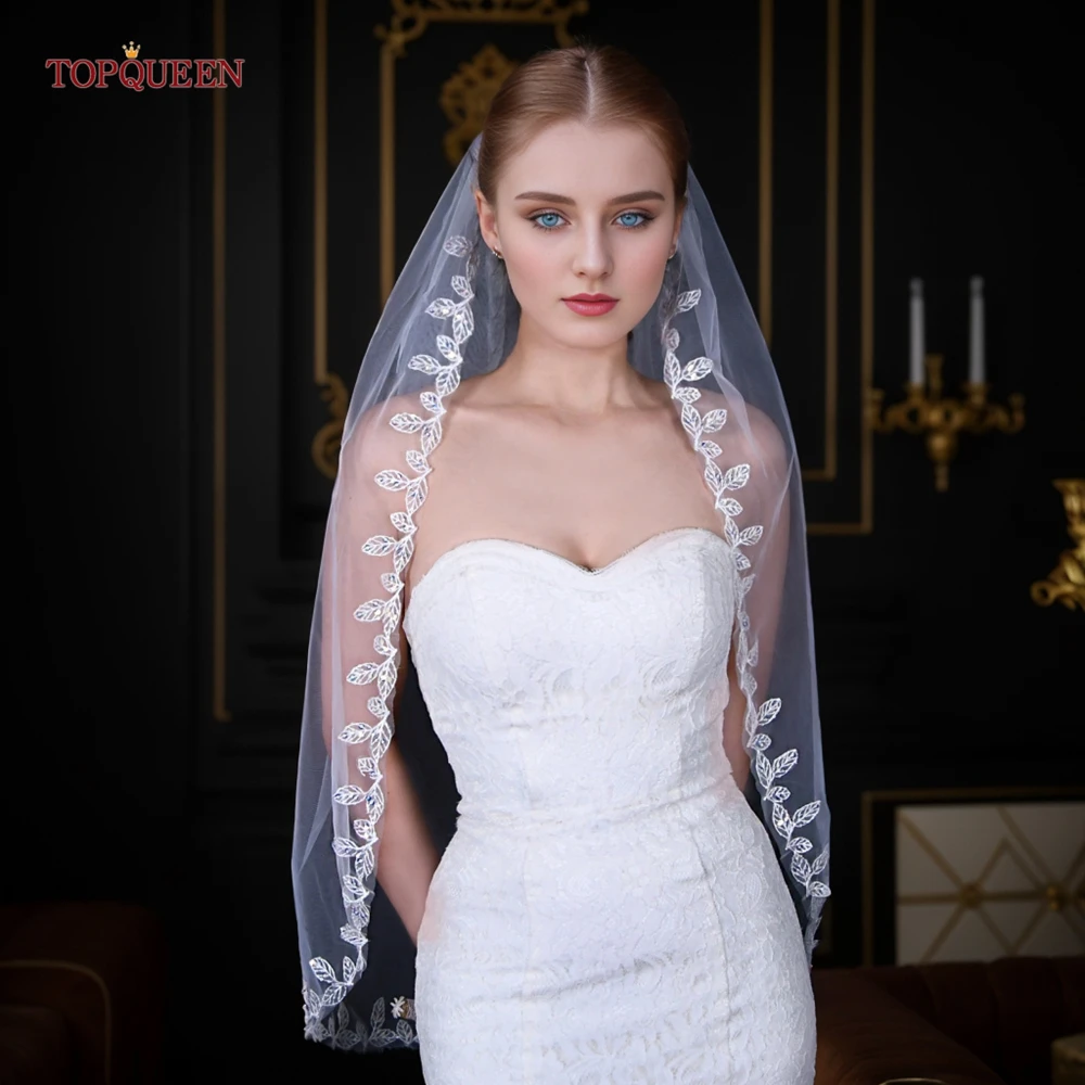 TOPQUEEN Sparking Wedding Veil Thin Scallop Lace Sequin Trim Edge Bridal Veils For Bachelorette Party Wedding Accessories  V201