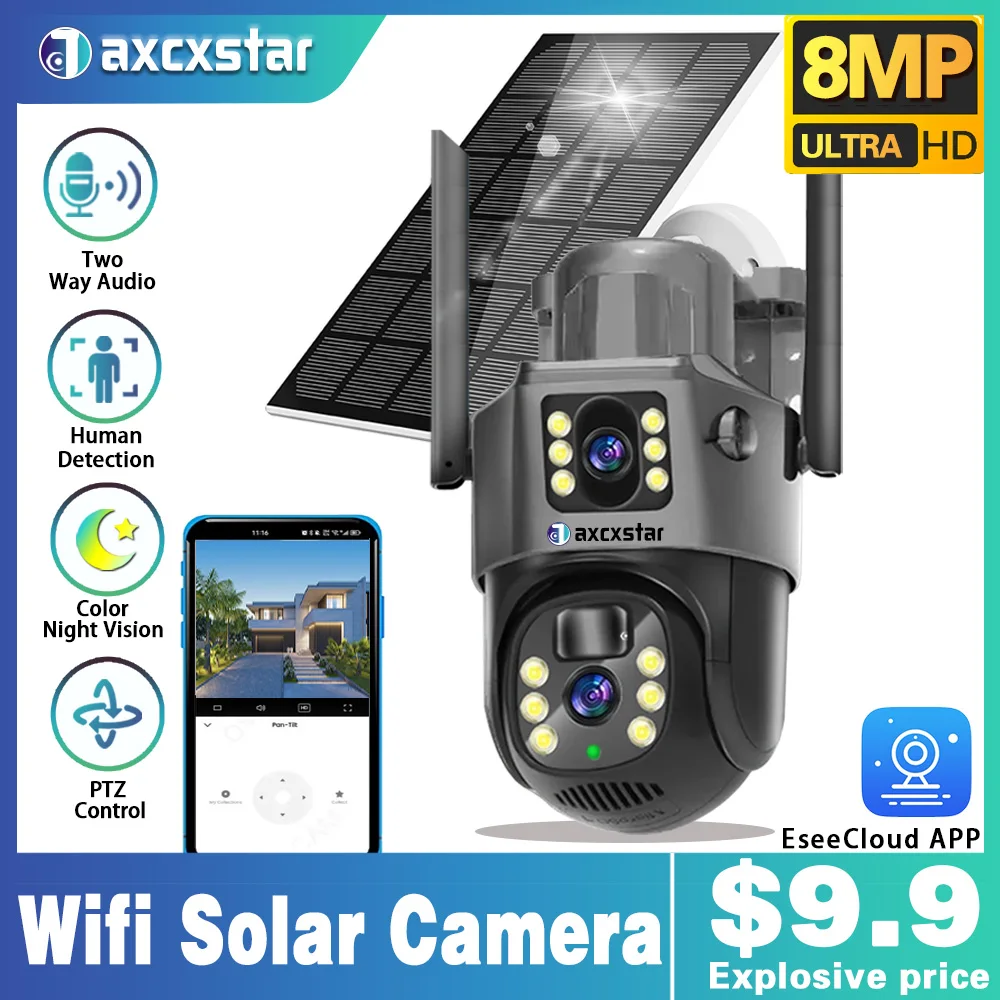 8MP EseeCloud APP Solar Wireless Security Camera IP66 Color Night Vision Two Way Audio PIR Rechargeable Battery Solar PTZ Camera