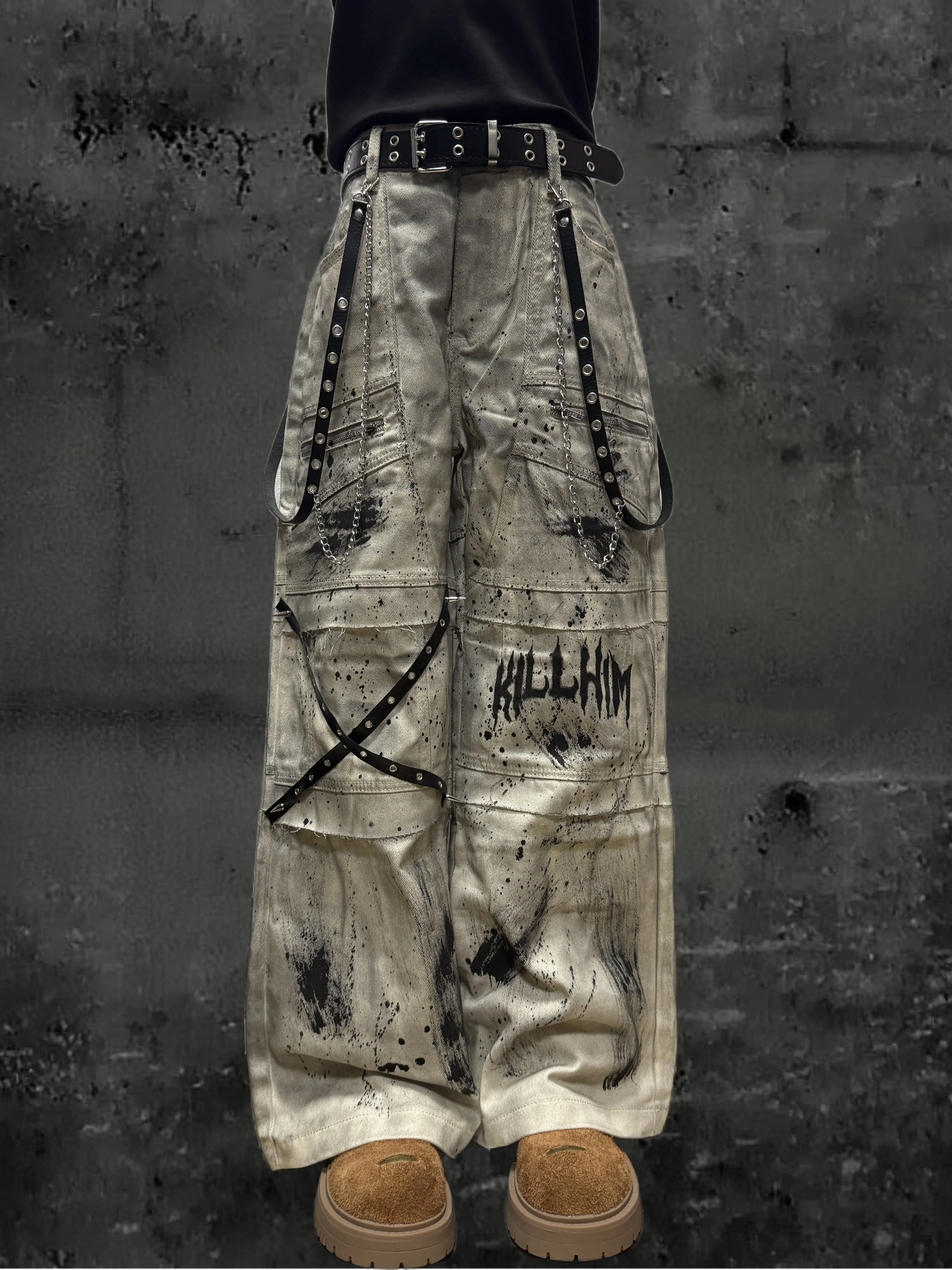 Waste Soil Style Tie-Dyed Loose Jeans Men's and Women's Neutral American Retro Distressed Frayed Pocket Overalls Autumn