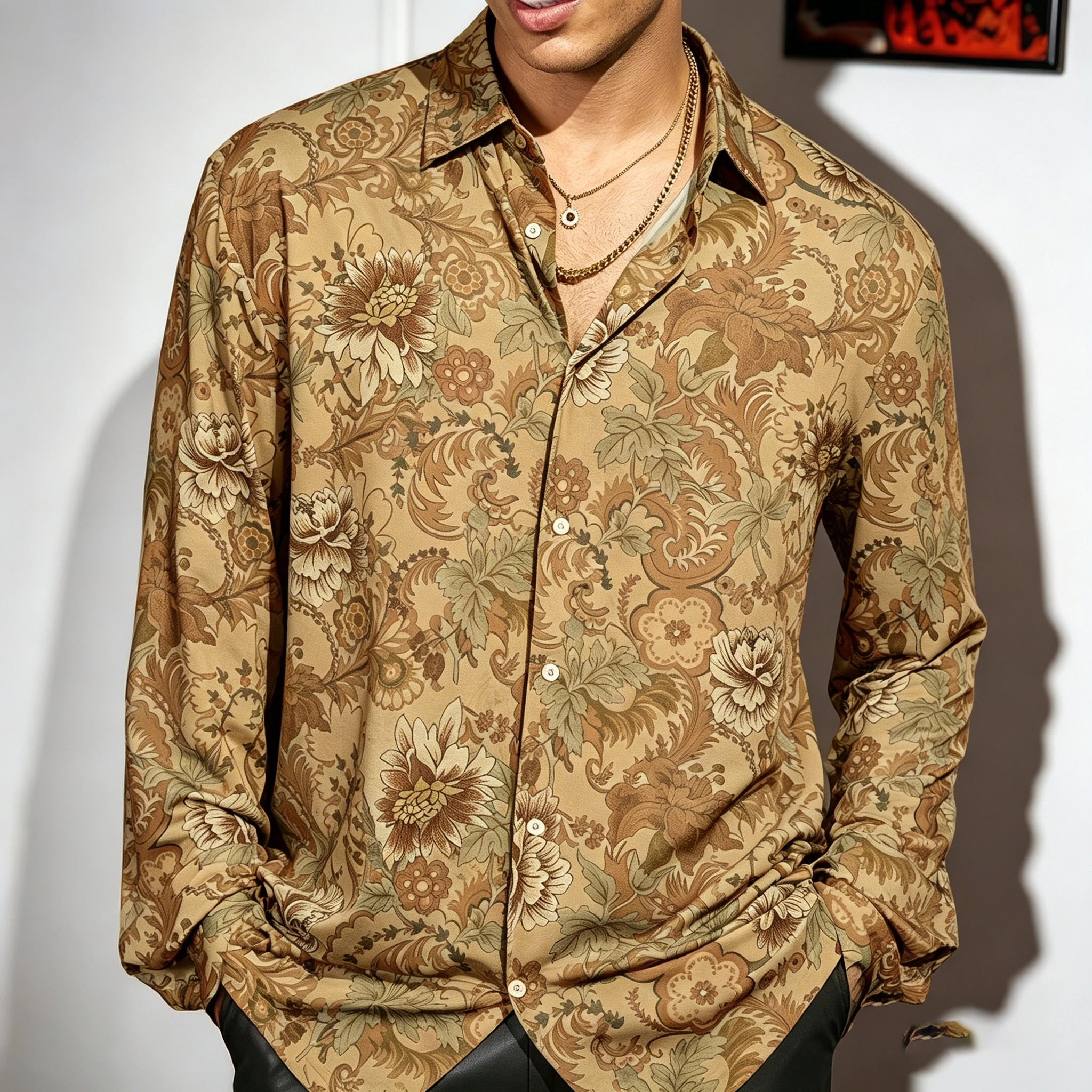Men's collared slim-fit long-sleeved shirt, caramel all-over floral print, flowy blouse, vacation cardigan top.
