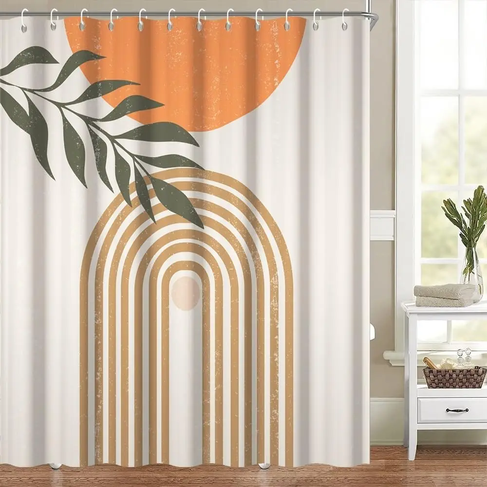 Aesthetic Boho Tropical Leaf Pattern Shower Curtain Waterproof Bathroom Decor Arch Rainbow Stripe Design for Modern Chic Home