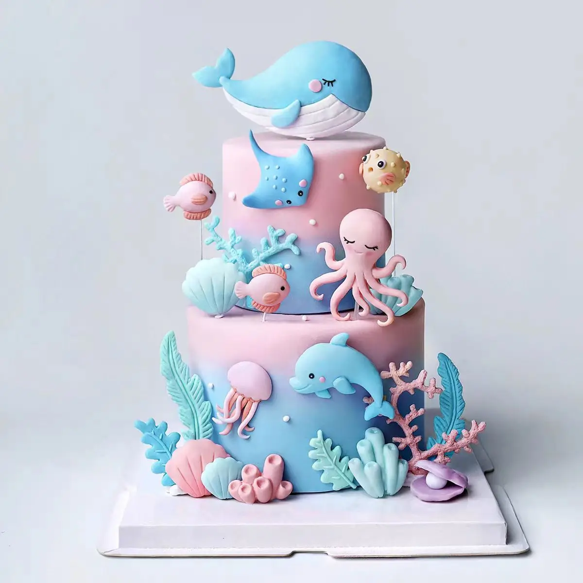 1 Set Ozean-Tier-Kuchendekoration Oktopus Delfin Qualle Koralle Muschel Unterwasser-Thema Kinder Dessert-Deko Zubehör – Detail 2