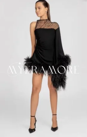 

Современные короткие платья для выпускного вечера на одно плечо, атласные вечерние платья с перьями, вечерние платья с длинными рукавами по индивидуальному заказу فساتين سهرة