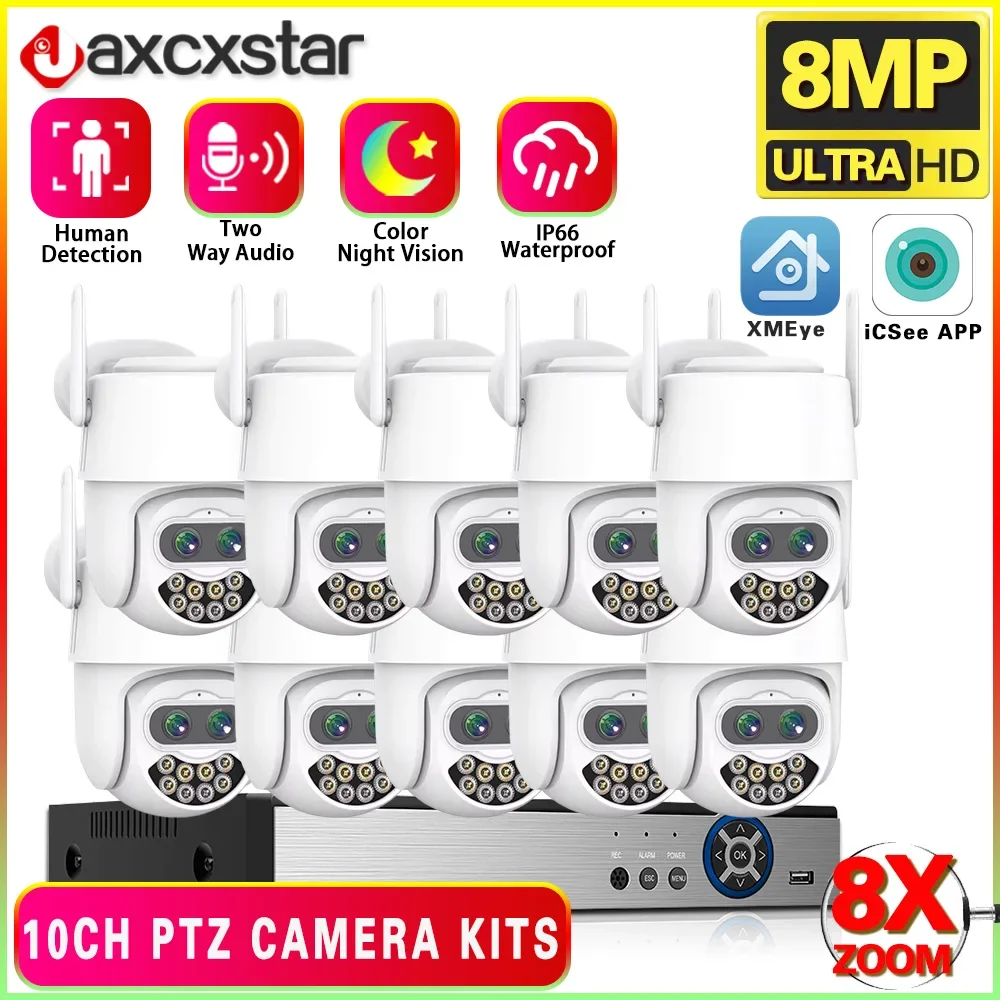 

10CH 4K Ultra HD 8X Hybrid Zoom Dual Lens PTZ Camera Outdoor AI Human Detection 4K 8MP HD CCTV Video Surveillance 8CH Set Kits