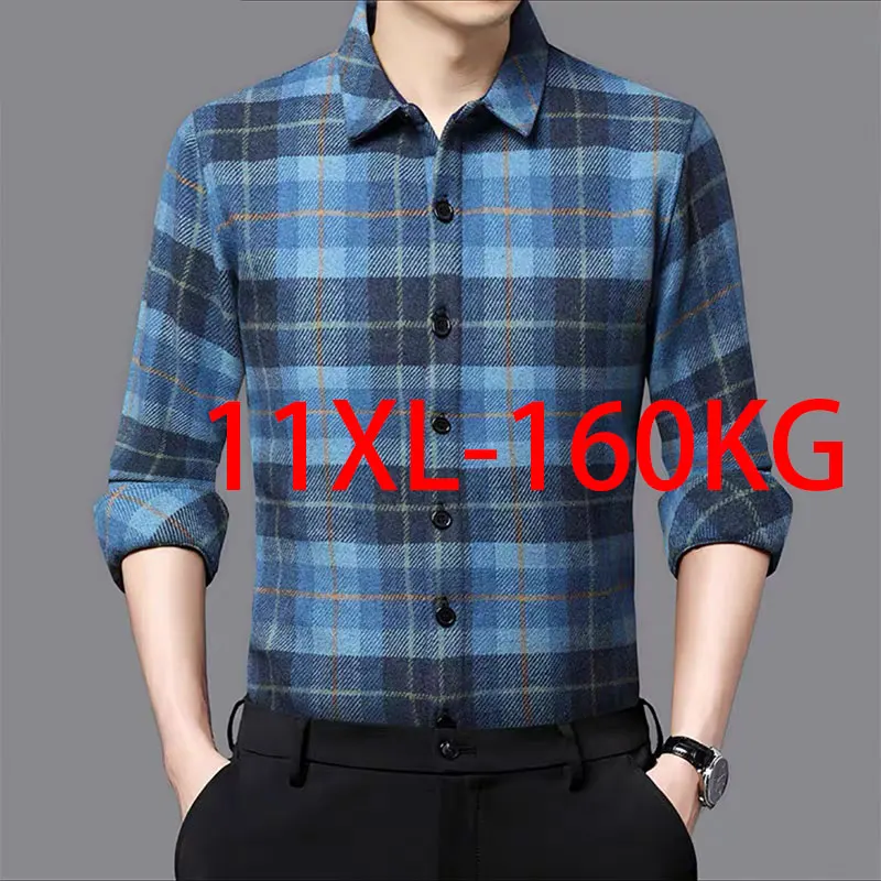 11XL 10XL large size 100% cotton men\'s long sleeve shirt Fashion light luxury casual plaid with pockets 160KG free ironing