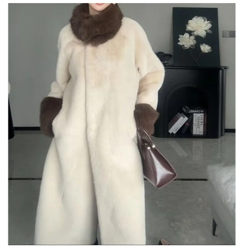 

2025 new winter fashion temperament color matching fluffy medium and long coat women's simple casual warm thickened coat