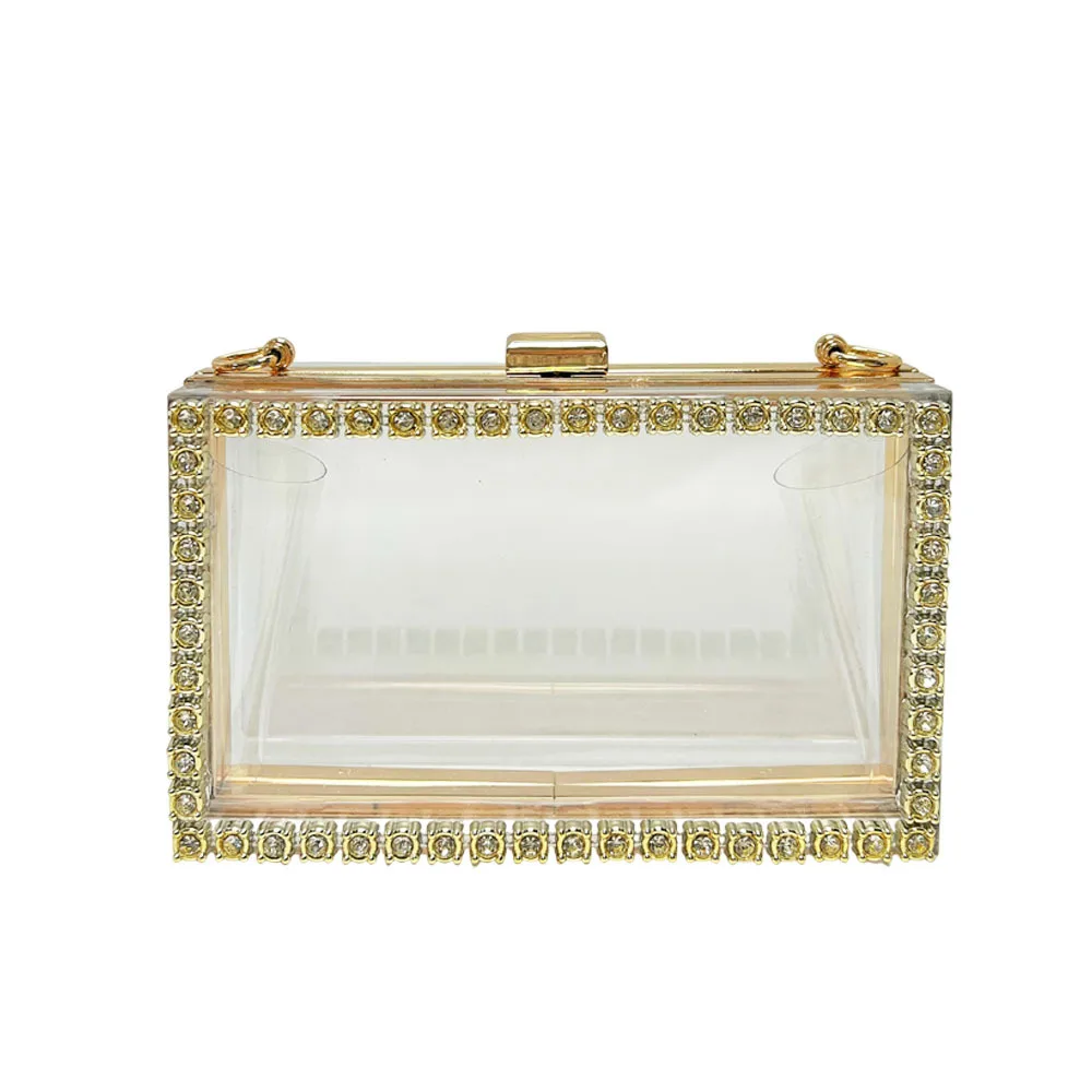 Clear Acrylic Gold Frame Full Rhinestone Square Chain Box Clutch Luxury Minimalist Evening Purse Mature Women Wedding Handbag