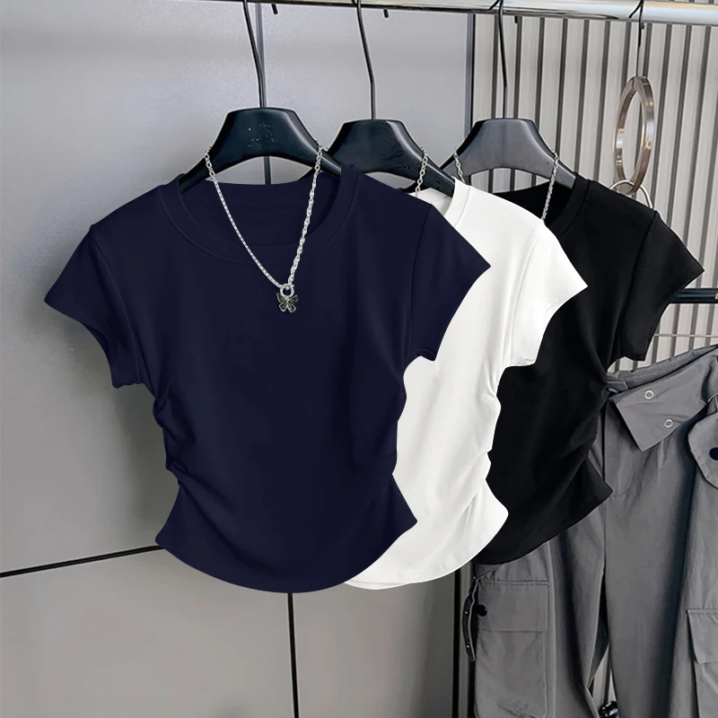 Women's Short Sleeve T-Shirt 2025 New Summer Fashionable Waist-Cinching Design Commute Slimming Versatile Top Threaded