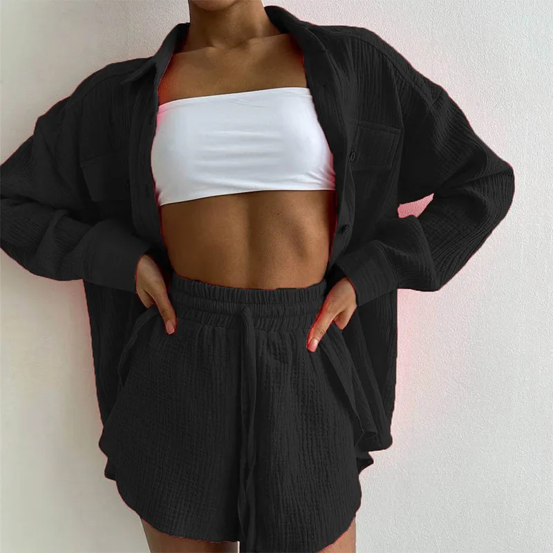 Cotton Two Piece Shorts Sets Summer Clothes Women Shirts Turn Down Collar Pockets Long Sleeve Tops Casual Outfit High Waist Suit