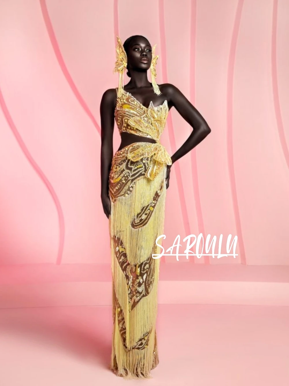 

Yellow Statement Tassel Dazzling Evening Dress Illusion African Women Straight Richly Chic 3D Design Customized Cocktail Gown