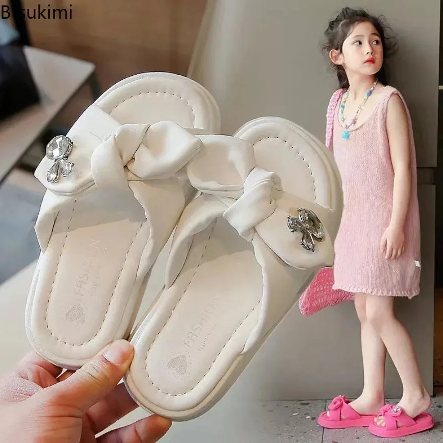 Summer Kids Slippers for Girl Fashion Crystal Rabbit Beach Shoes Soft Thick Soled Open-toe Children Outer Wear Non-slip Slippers