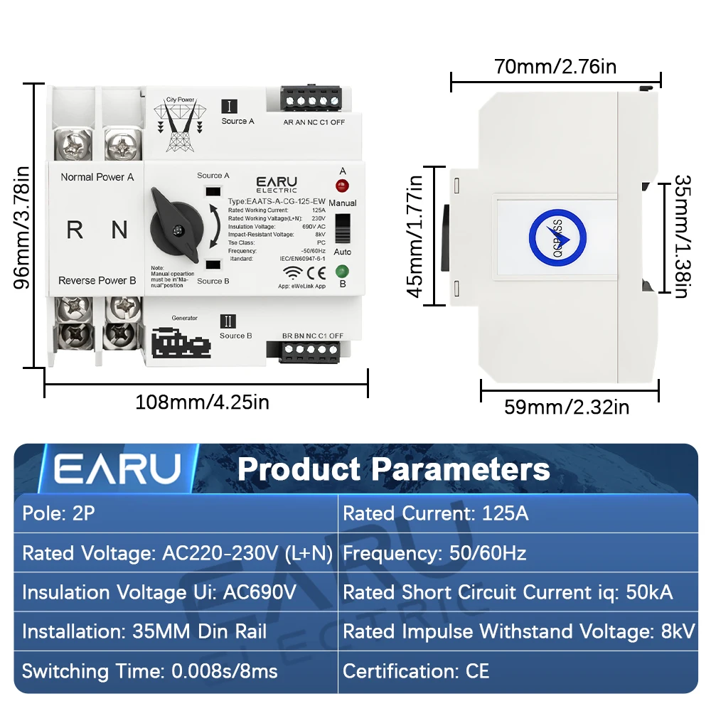 Image 3: Interrupteur de transfert automatique à double alimentation EARU eWeLink WiFi, télécommande intelligente 2P 125A AC230V, sélecteur électrique sans interruption