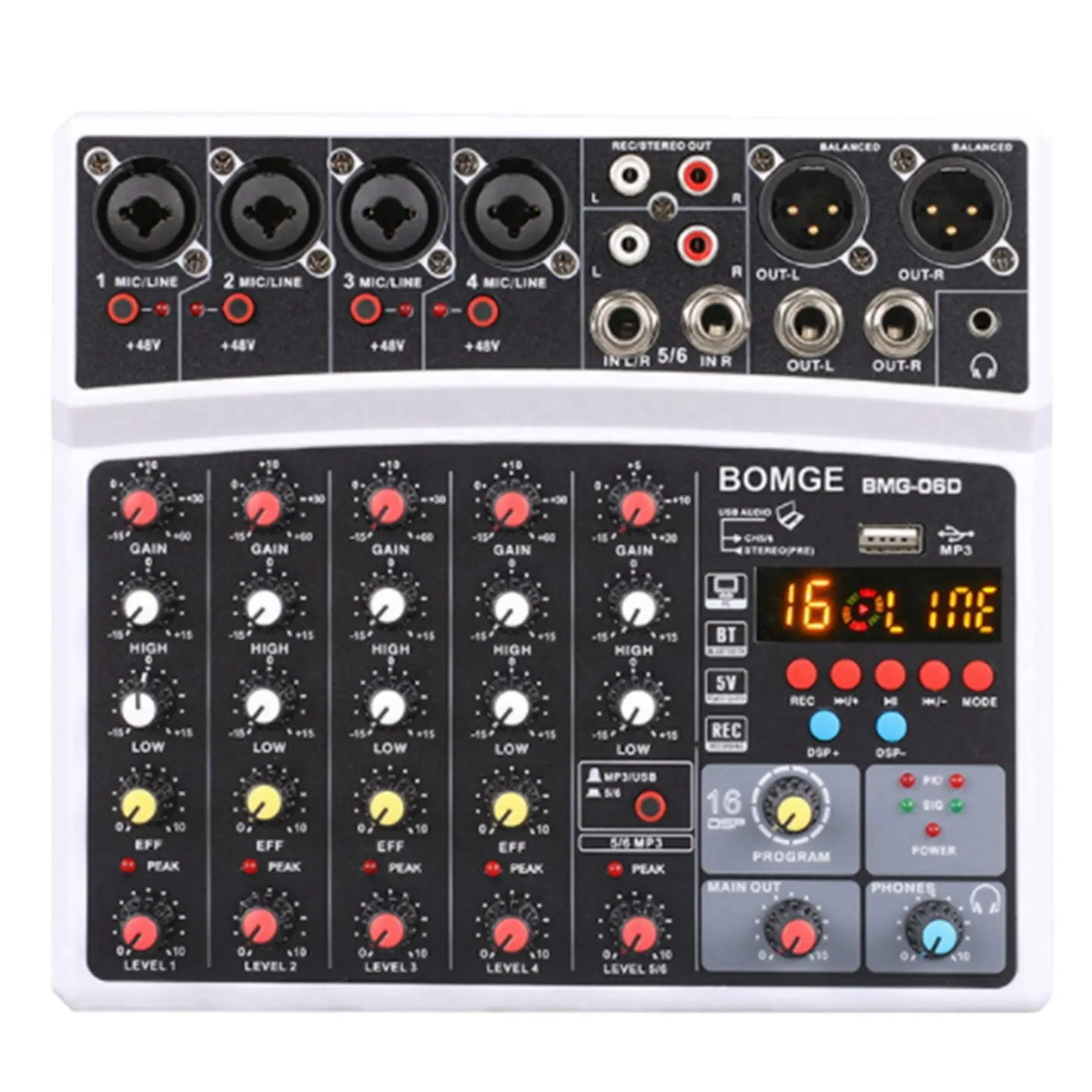 

6 Channel USB Bluetooth 48V Power Stereo Sound Card Audio Mixer Sound Board Console Desk System Interface-US Plug