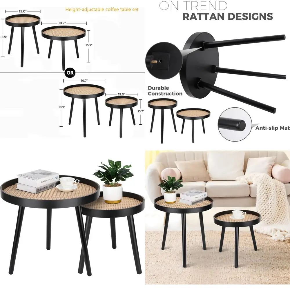 

Маленький круглый приставной столик из черного ротанга - современный акцентный столик в стиле бохо для гостиной, спальни, офиса и балкона