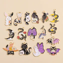 10Pcs Mixed Enamel Skull Cat Moon Crow Snake Charms for DIY Cartoon Earrings Pendant Necklace Jewelry Making Halloween Ornaments