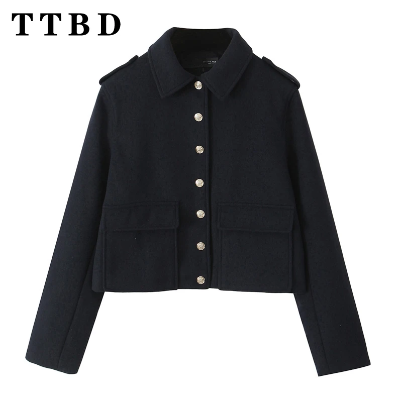 

TTBD 2024 New Autumn Winter Women's Turn-down Collar Bomber Jackets Full Sleeve Metal Buckle Solid Casual Coats Top