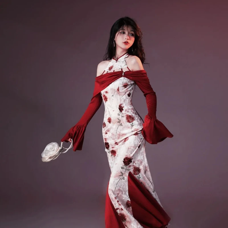 New - Chinese - style Velvet Printed Improved Cheongsam Dress for Women, 2024 Autumn, Waist - cinching, Slimming, Hip - hugging