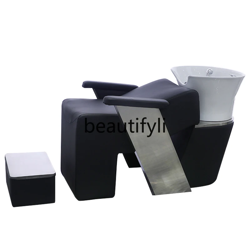 High-end hairdressing semi-reclining flushing bed special shampoo bed ceramic basin integrated hair salon special