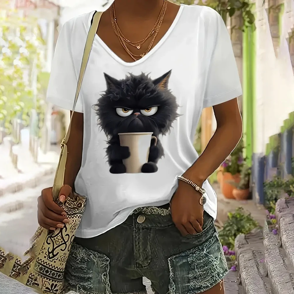 Summer Women V-Neck T-Shirts Tea Cup Cat Print Casual Pullover Loose Short Sleeves Oversized Tee Shirt Female Clothing 2024 S-4x