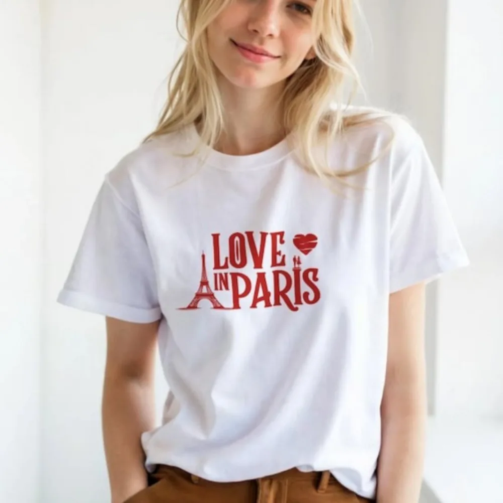Unisex Cotton T-shirt LOVE IN PARIS Eiffel Tower & Heart Graphic Design Chic Paris Souvenir Gift Romantic French Style Tops