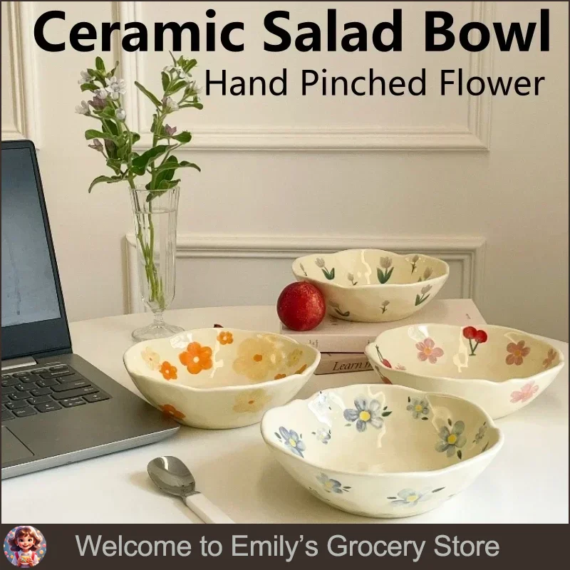 

Ceramic Salad Bowl Ins Korean Style Hand Pinched Irregular Cream Yellow Yogurt Bowl Oatmeal Breakfast Plates Flower Dish