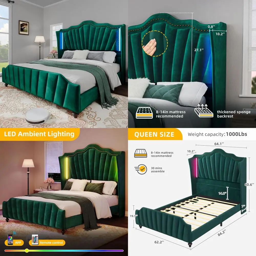 

Зеленая бархатная кровать-платформа Queen с высокими боковинами (60 дюймов), светодиодной подсветкой, ножками из массива дерева, без пружинного блока, простая сборка